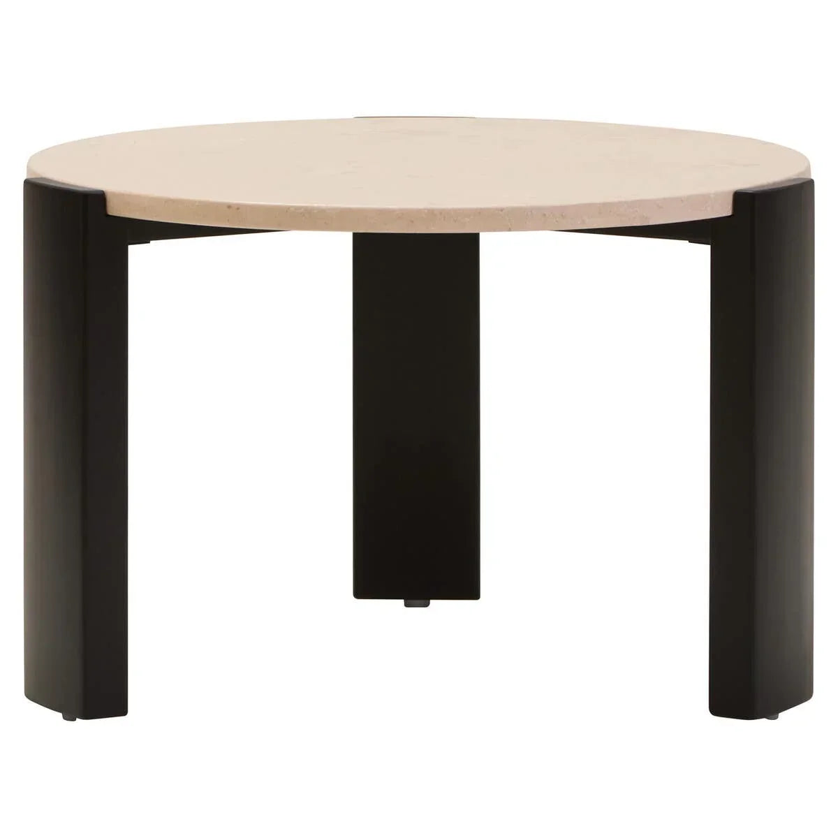 Round coffee table with light stone top and black legs, front view