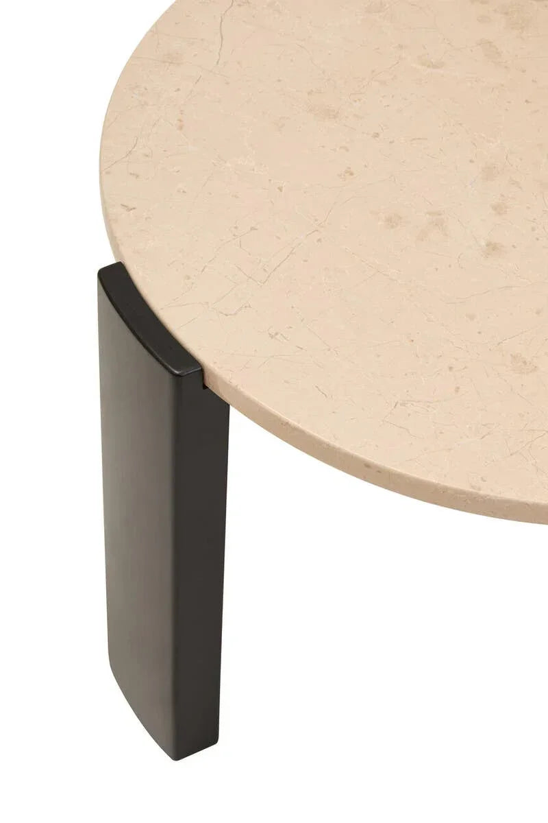 Round marble coffee table top with black metal leg, close up on corner detail