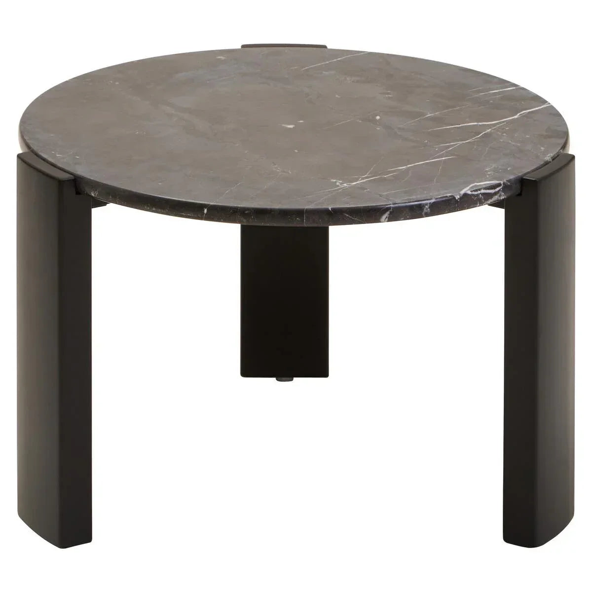 Round black marble coffee table with three sturdy black legs