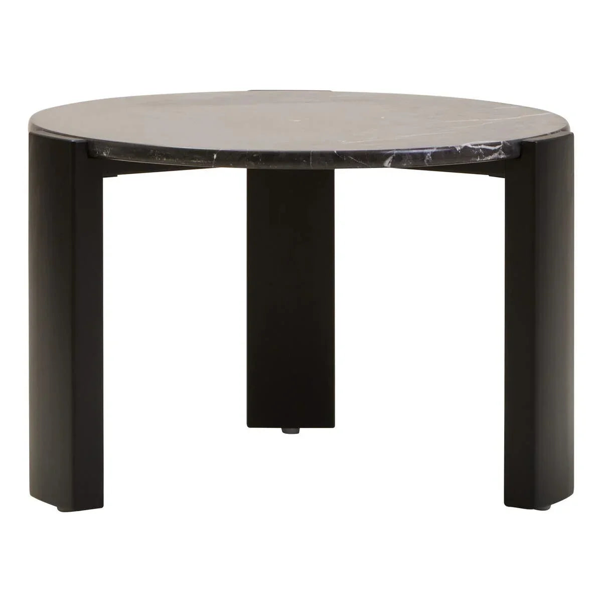 Round black marble coffee table with three wide legs, front angle view