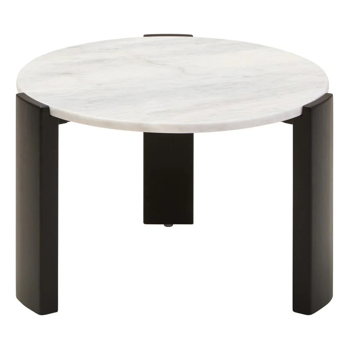 Round marble coffee table with black metal legs, modern design, front view