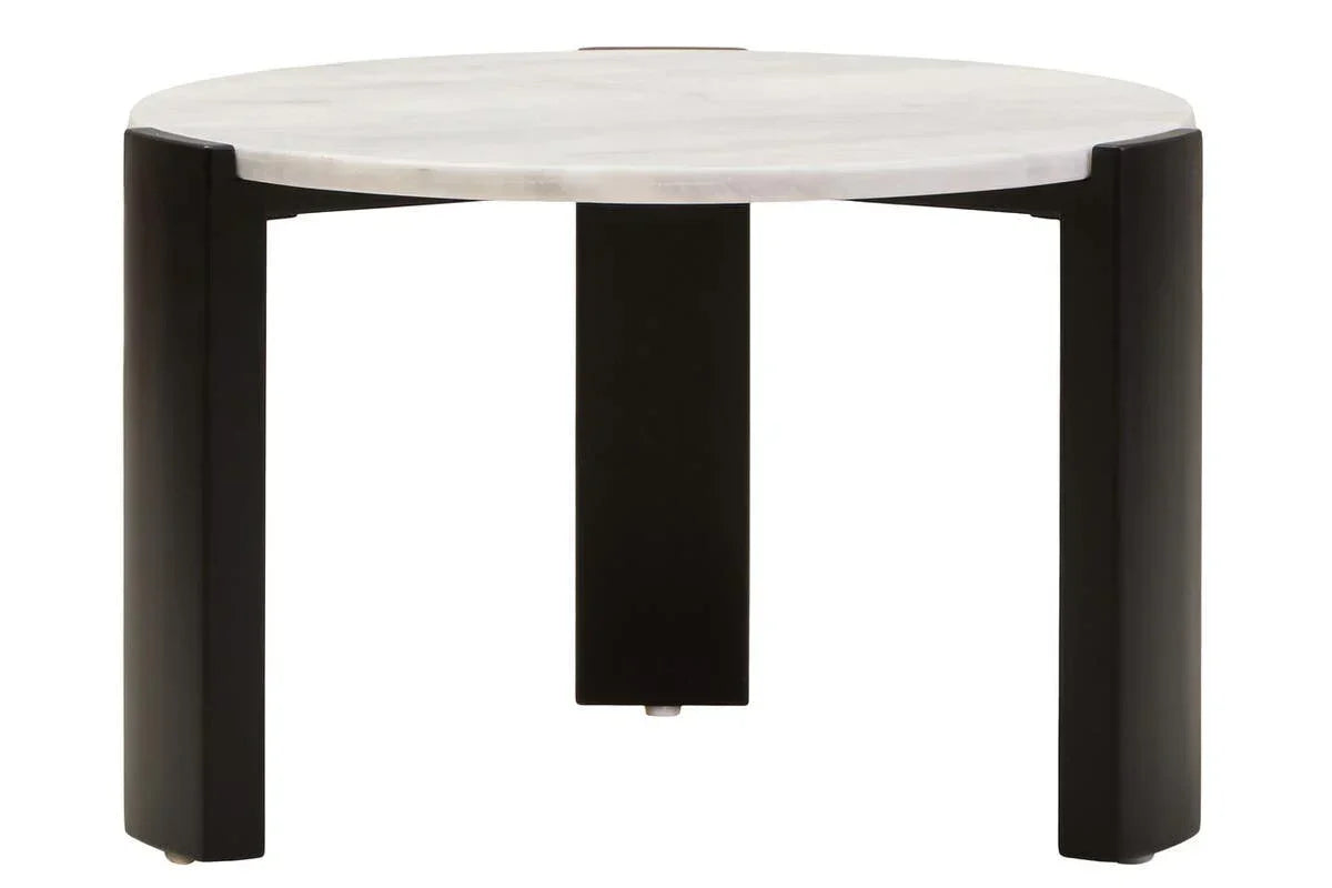 Round side table with white marble top and three black legs, front view