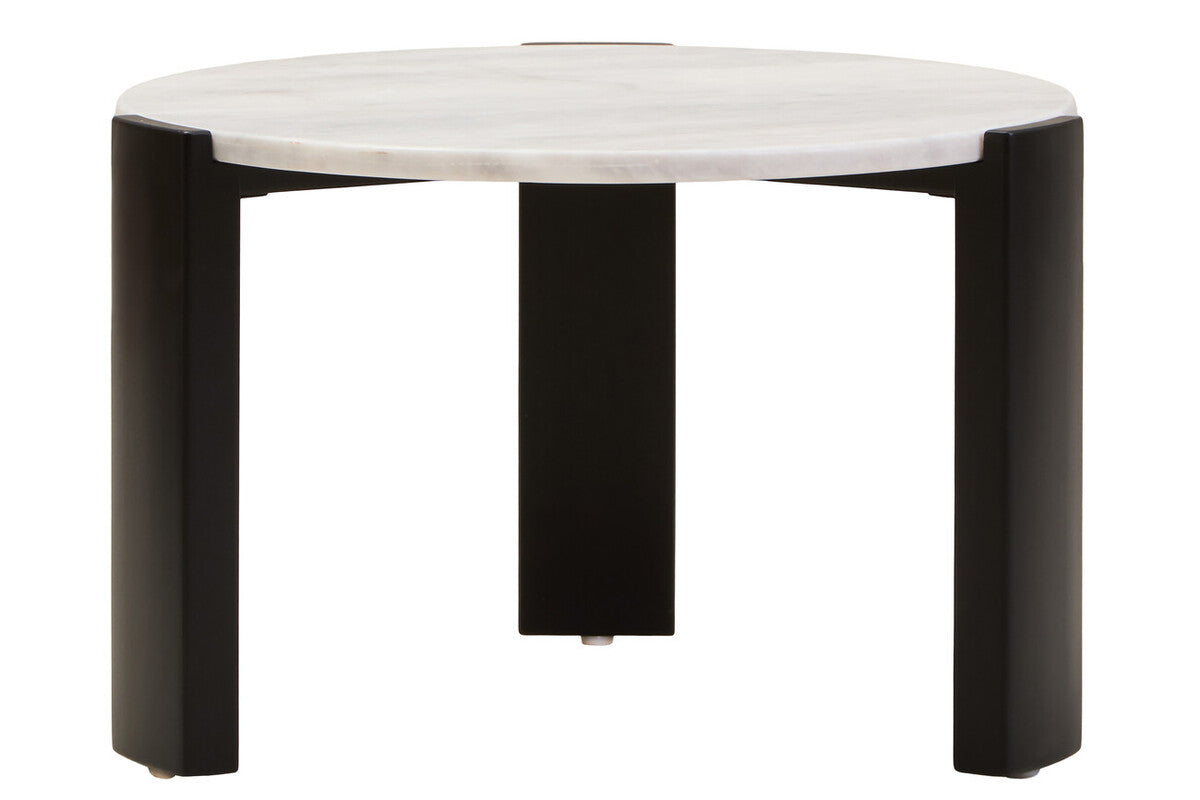 Round coffee table featuring a sleek white marble top and sturdy black acacia wood legs.