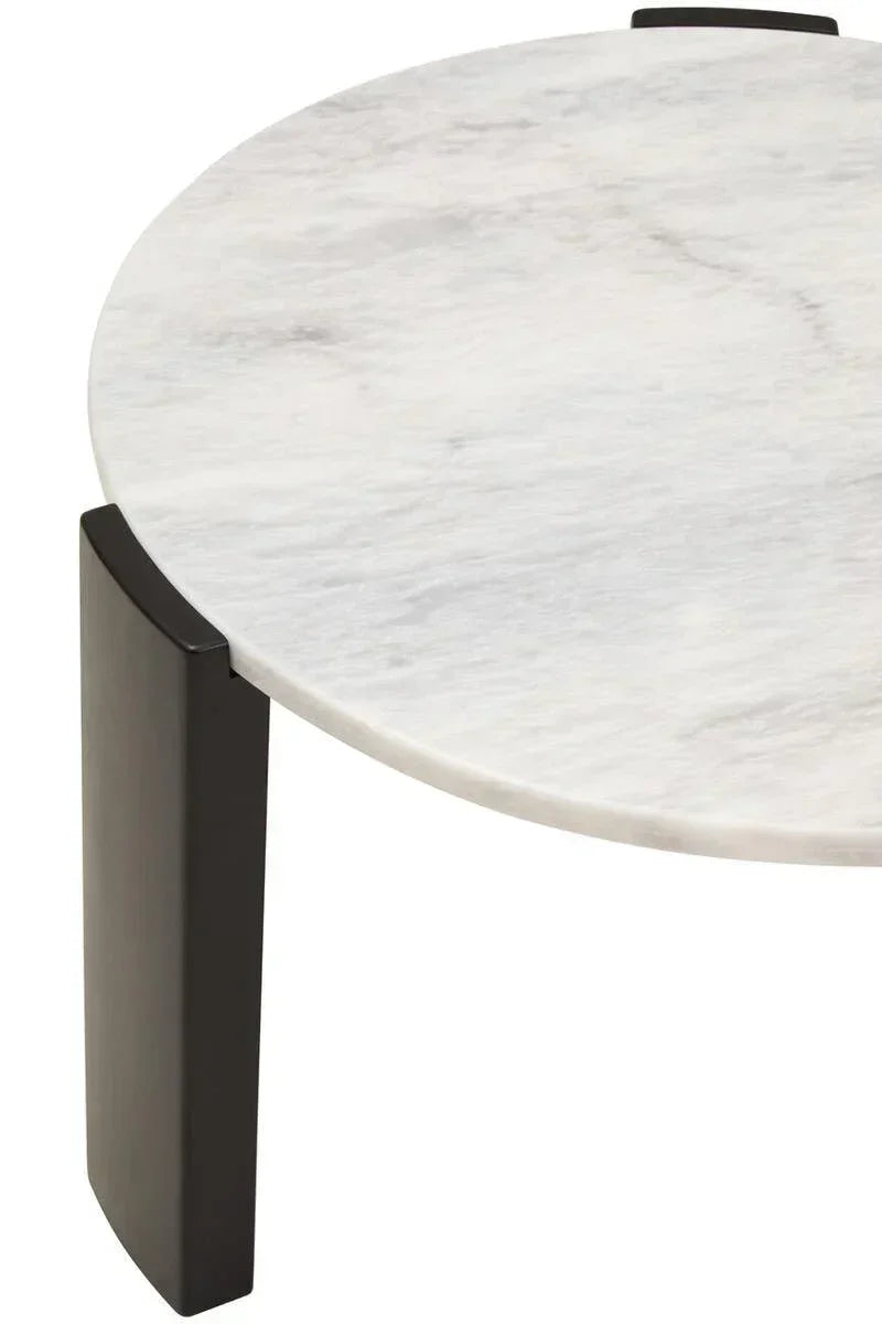 Round marble coffee table with black metal leg close-up