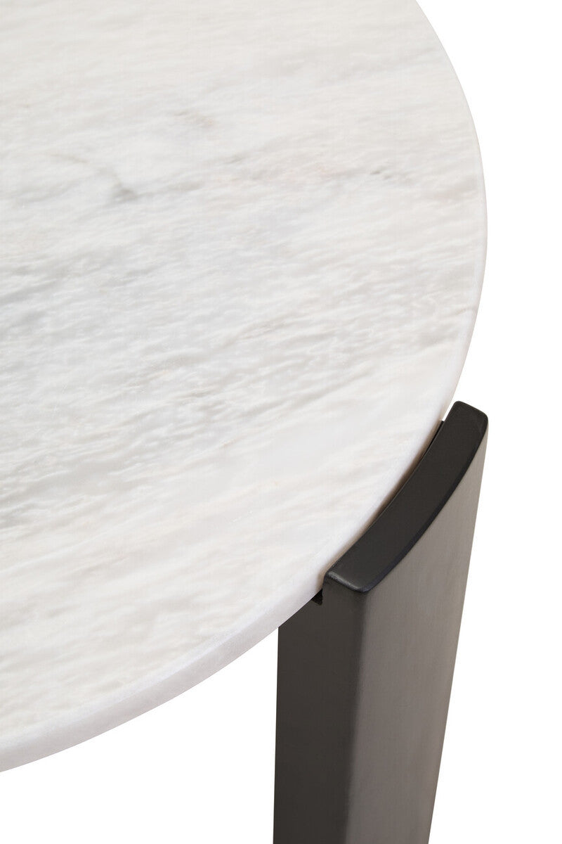 Round coffee table featuring a smooth white marble top with subtle veining, complemented by sleek black acacia wood legs.