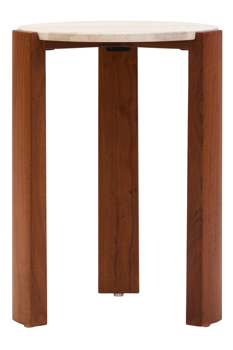 Round side table featuring a smooth travertine top and sturdy acacia wood legs in a rich brown finish.
