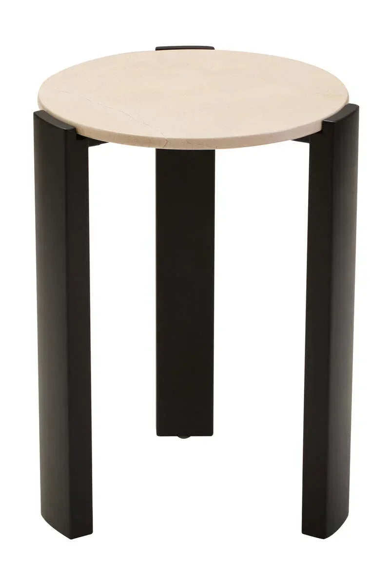Round side table with light marble top and black metal legs