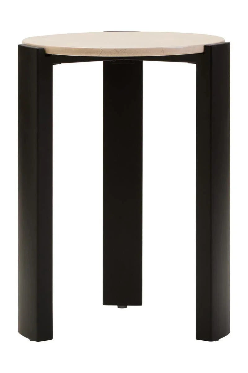 Round side table with light marble top and black wooden legs, front view