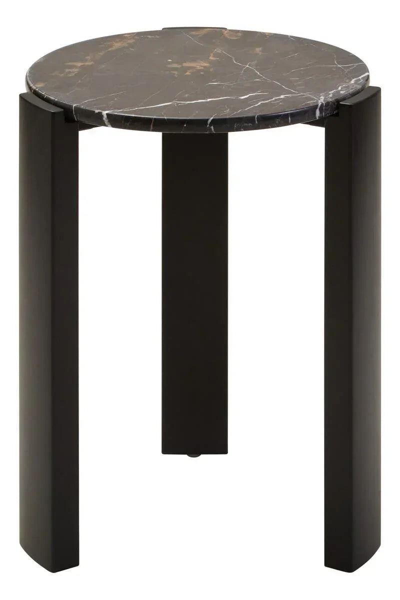Round black marble side table with three black legs, modern accent furniture piece