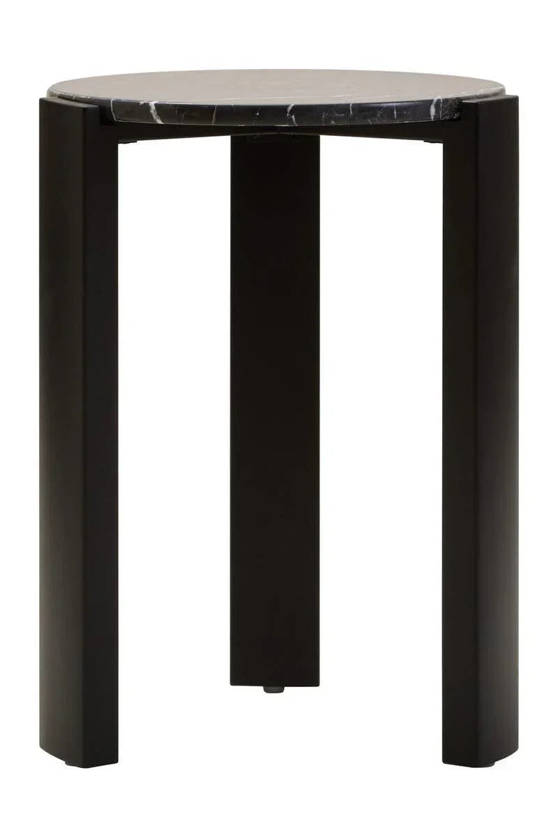 Round black side table with marble top and three wide legs