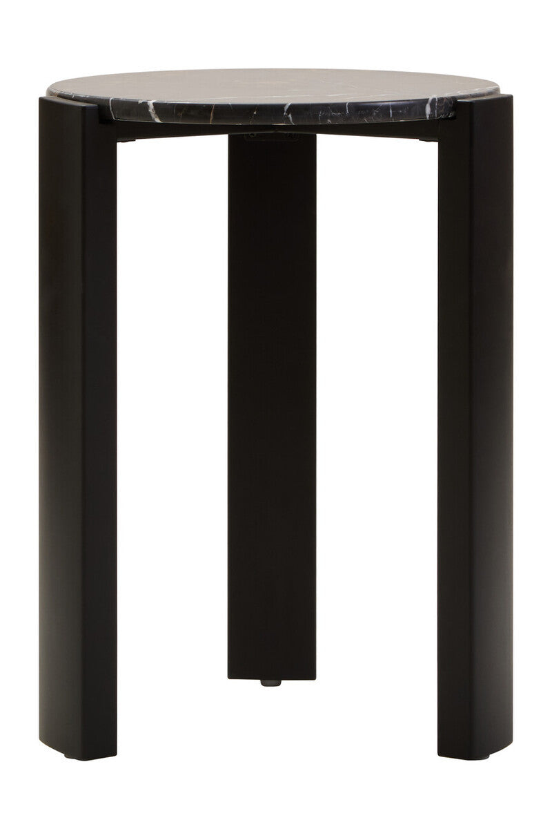 Round side table featuring a sleek black acacia wood base and a striking black and gold marble top.