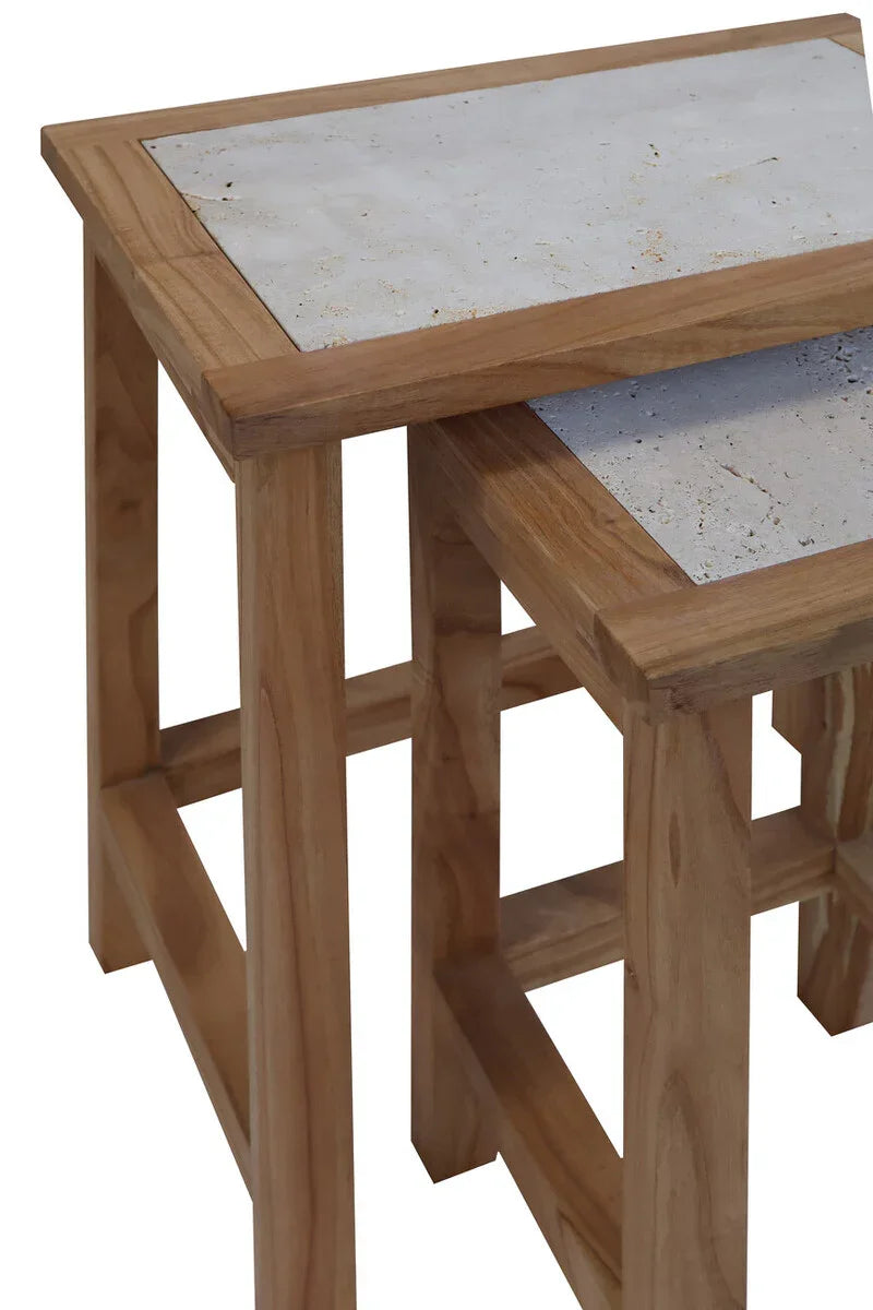 Wooden nest of tables with stone inlay tops, side view
