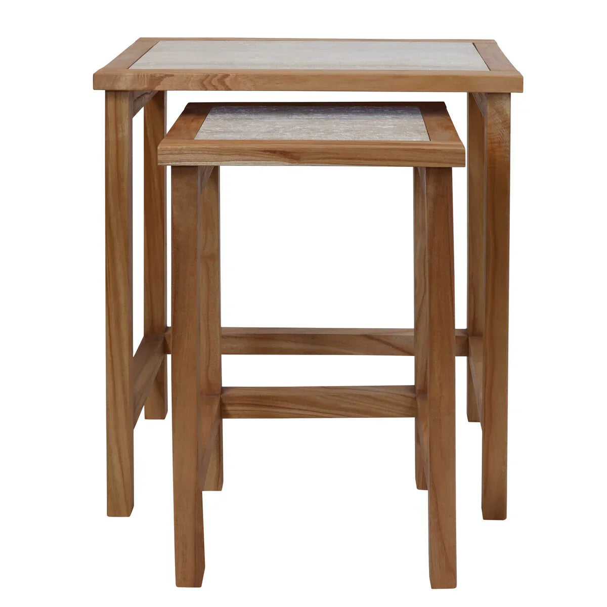 Wooden nest of tables with rectangular tops and light oak finish, front view