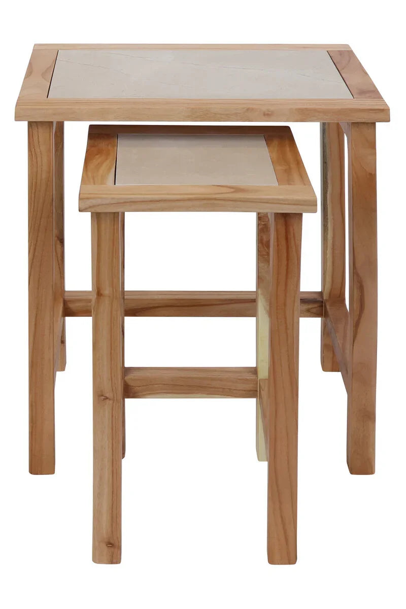 nest of tables with light wood frames and cream tops, compact stackable design