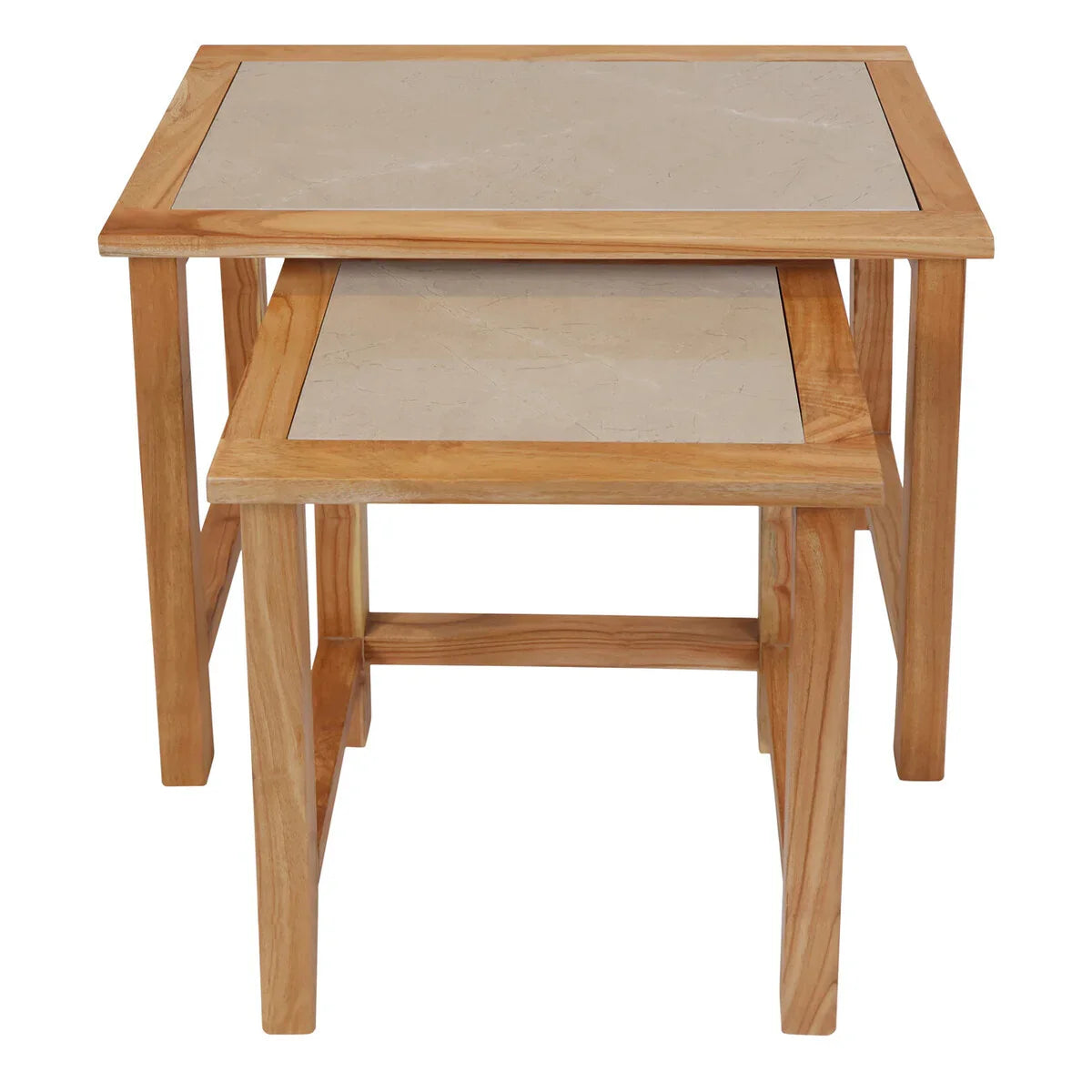 Oak nest of tables with beige marble tops, stacked front view