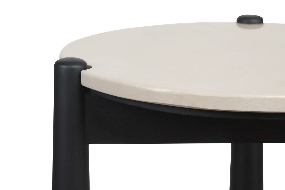 Cream marble top side table featuring a rounded surface and smooth edges, supported by sturdy black mango wood legs.
