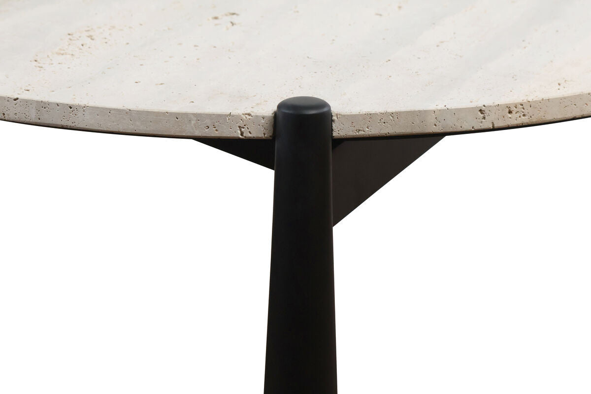 Round coffee table featuring a natural travertine top with a textured surface and a sleek black mango wood base.