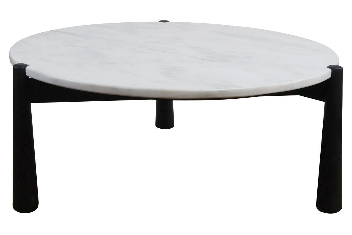 Round coffee table featuring a sleek white marble top with subtle veining, supported by sturdy black mango wood legs.