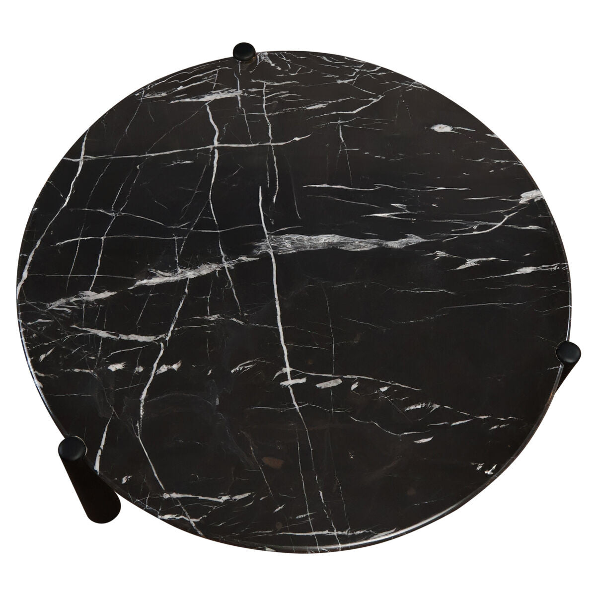 Round coffee table featuring a striking black marble top with white veining, complemented by sleek black mango wood legs.