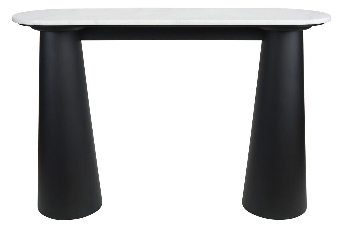 White marble top console table featuring a sleek, rounded edge and supported by two bold, tapered black mango wood legs.