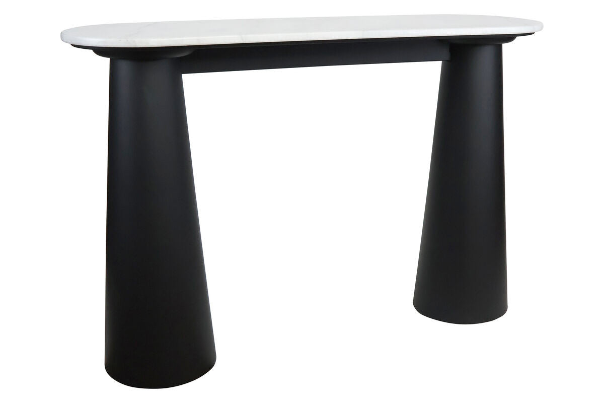 White marble top console table featuring a sleek, rounded edge and supported by two bold, conical black mango wood legs.
