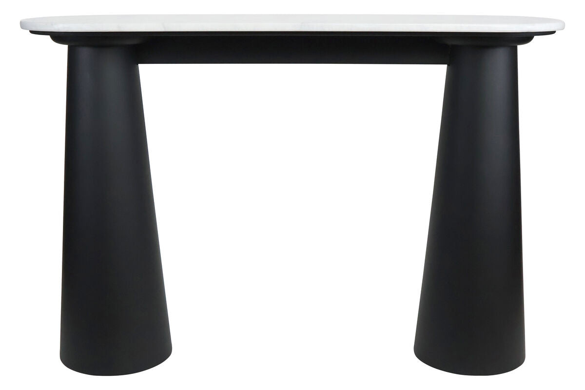 White marble top console table featuring a sleek, rounded edge and a sturdy base made of black mango wood. The base has a unique, tapered design, providing a modern aesthetic.