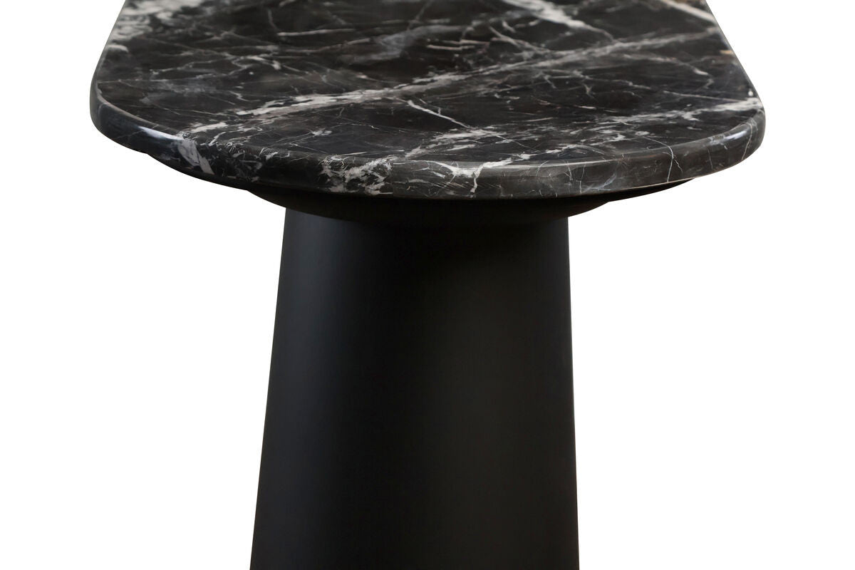 Black and white marble top console table featuring a smooth, rounded edge and a sleek, cylindrical mango wood base.