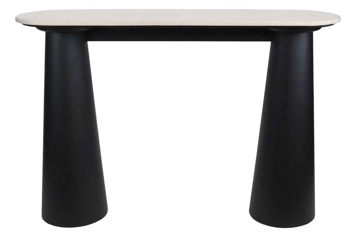Cream marble top console table featuring a sleek, oval surface supported by two bold, conical black mango wood legs.