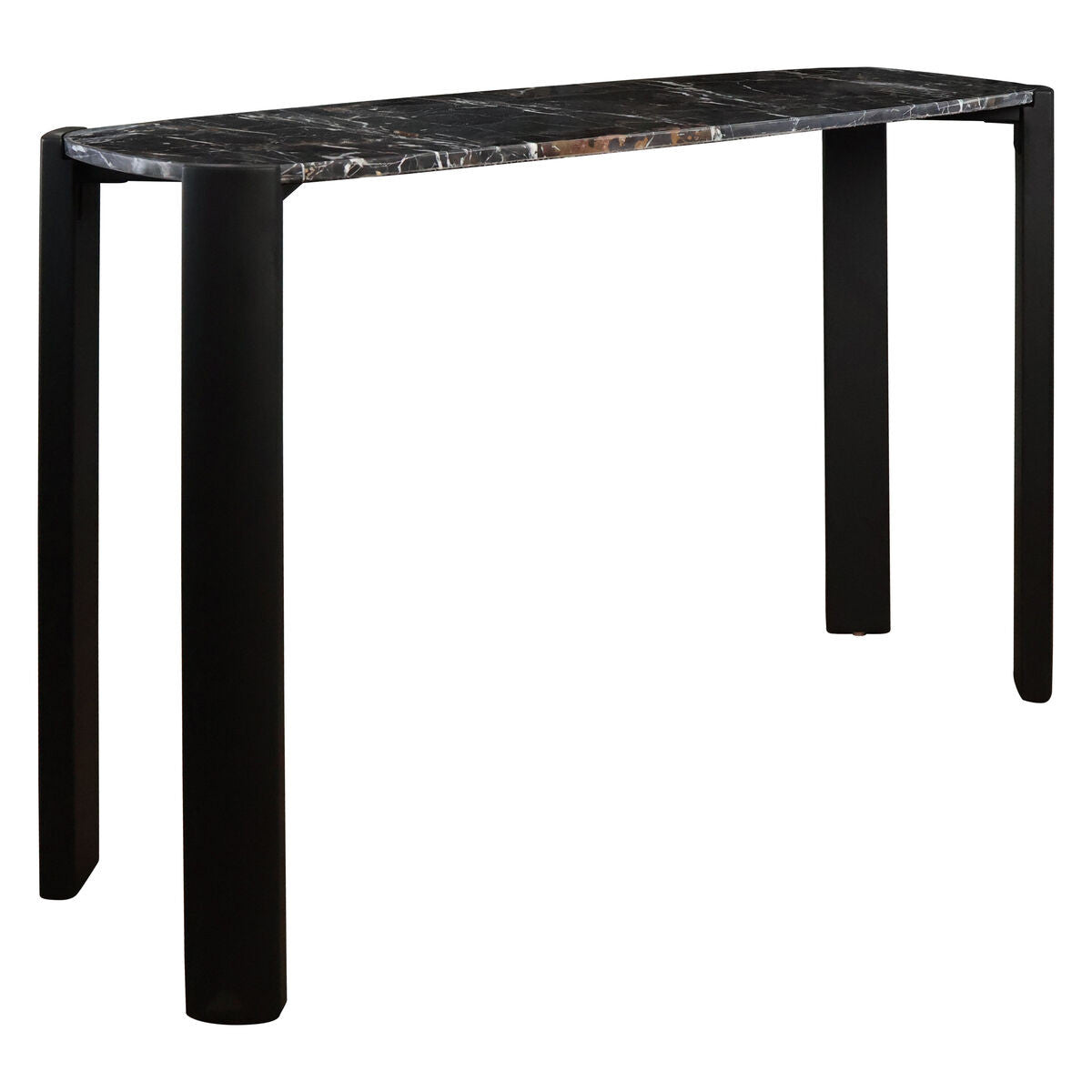 Sleek console table featuring a black marble top with subtle veining, supported by sturdy acacia wood legs in a matte black finish.