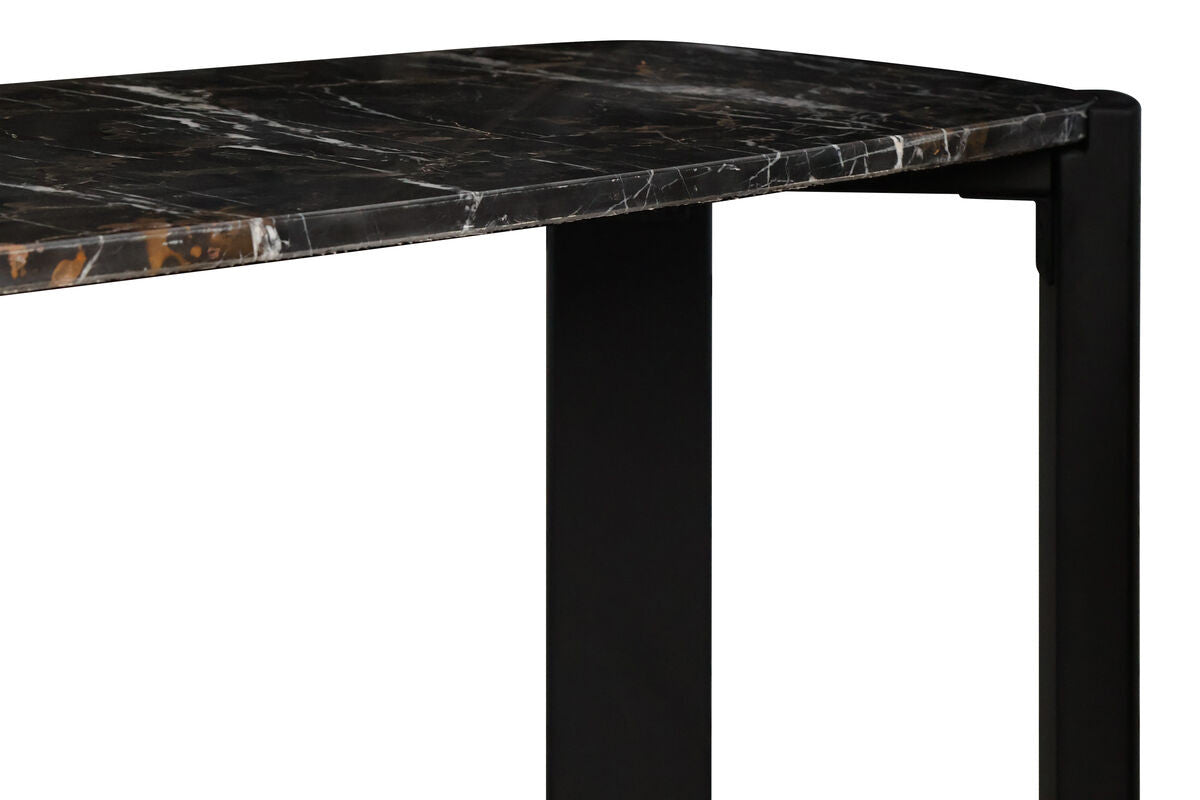 Black marble top with striking white veining rests on a sleek acacia wood frame, showcasing a modern console table design.