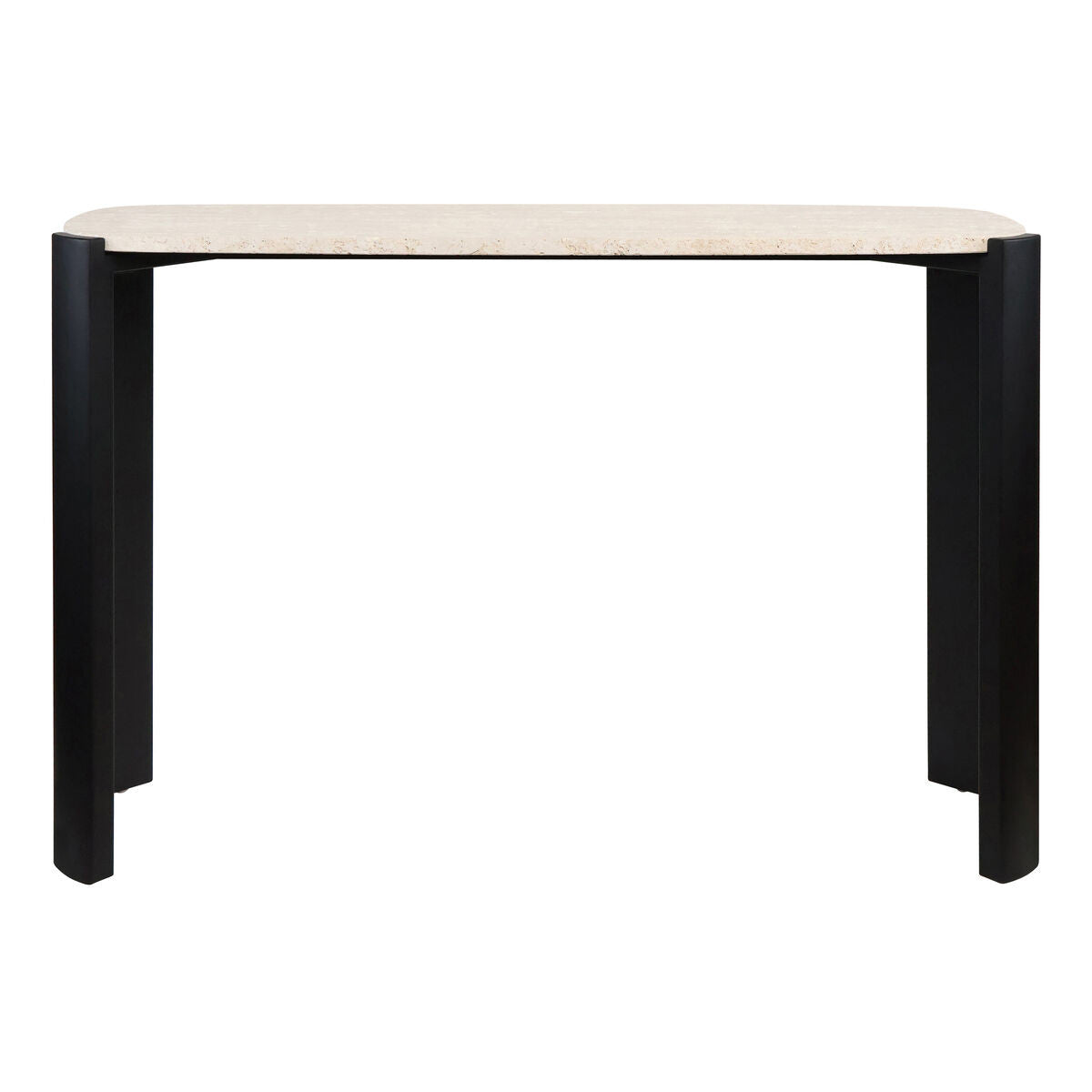 Cream travertine top console table with rounded edges, supported by sleek black acacia wood legs. The design features a minimalist aesthetic, ideal for modern interiors.