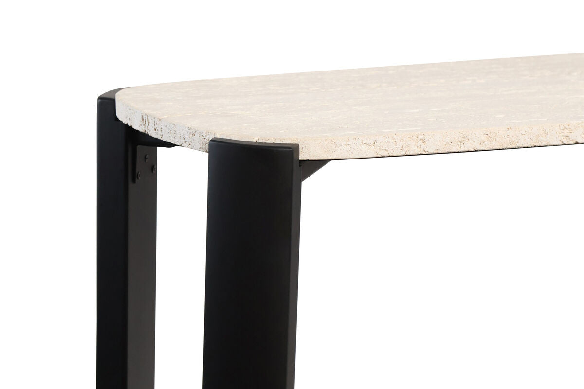 Cream travertine top console table featuring a smooth, rounded edge and sturdy black acacia wood legs.