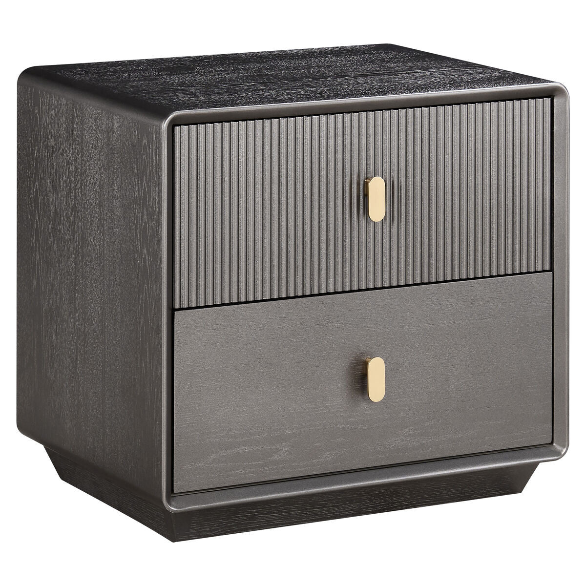 Brown and grey wood veneer bedside table featuring two drawers with a ribbed design on the top drawer.