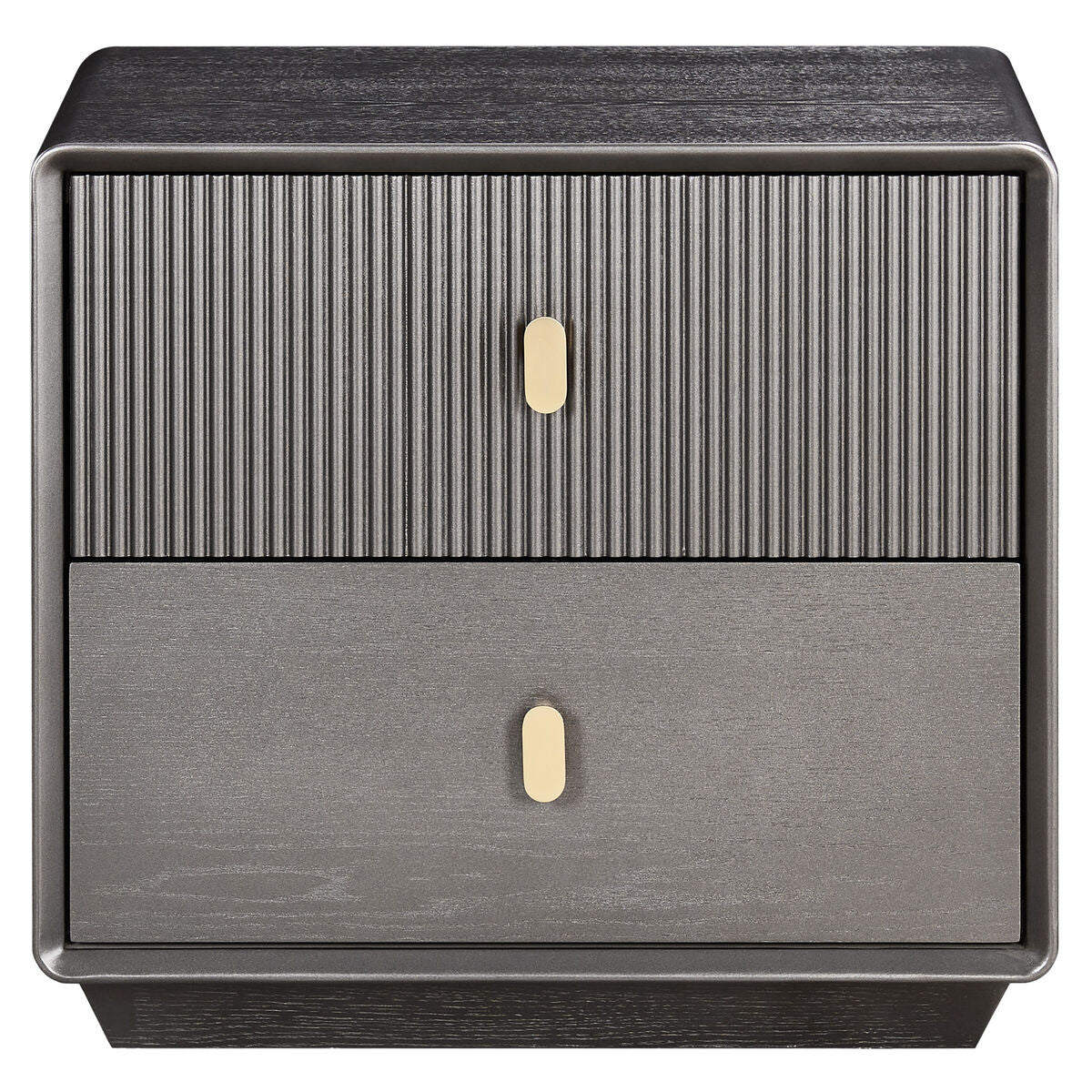 Brown and grey wood veneer bedside table featuring two drawers with a ribbed texture on the top drawer and a smooth finish on the bottom drawer.