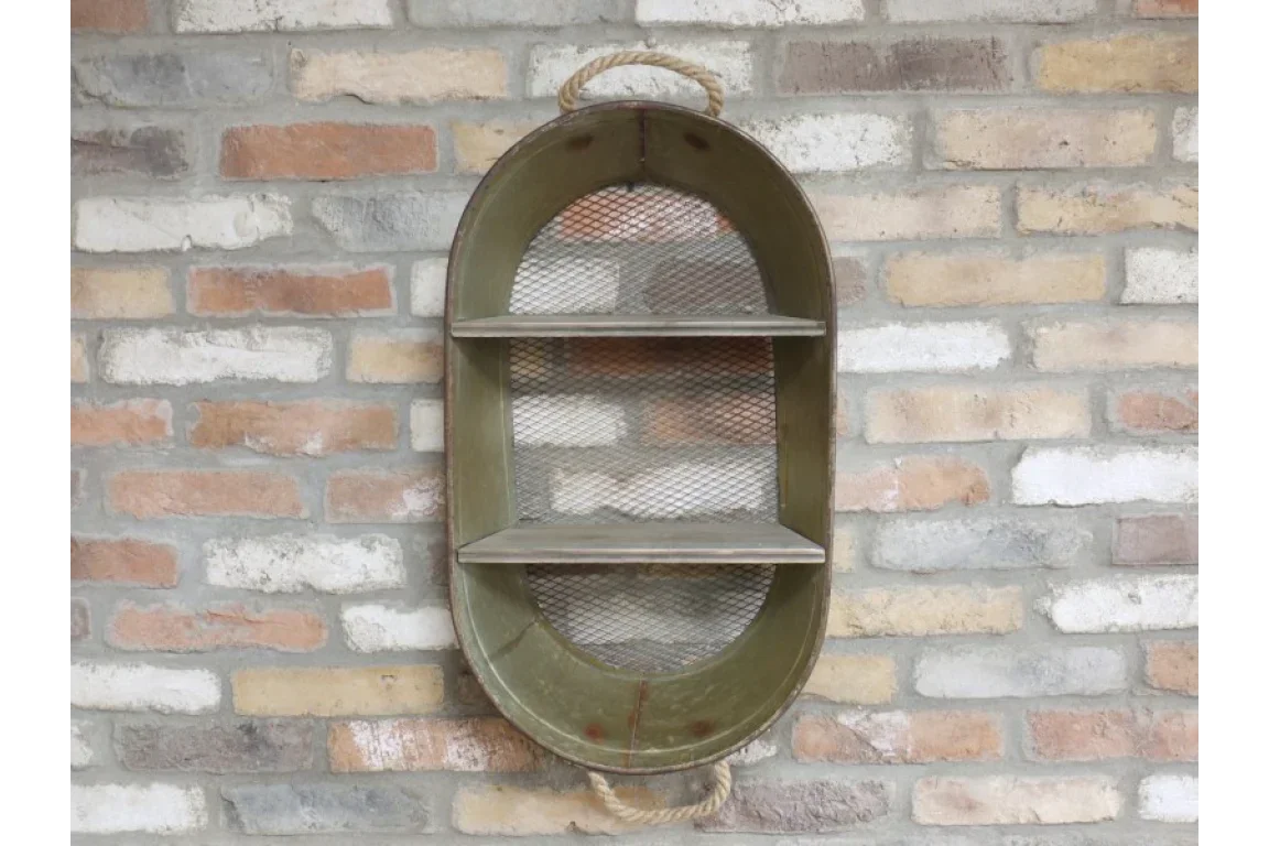 Metal wall shelf with rope handle and two shelves on exposed brick wall