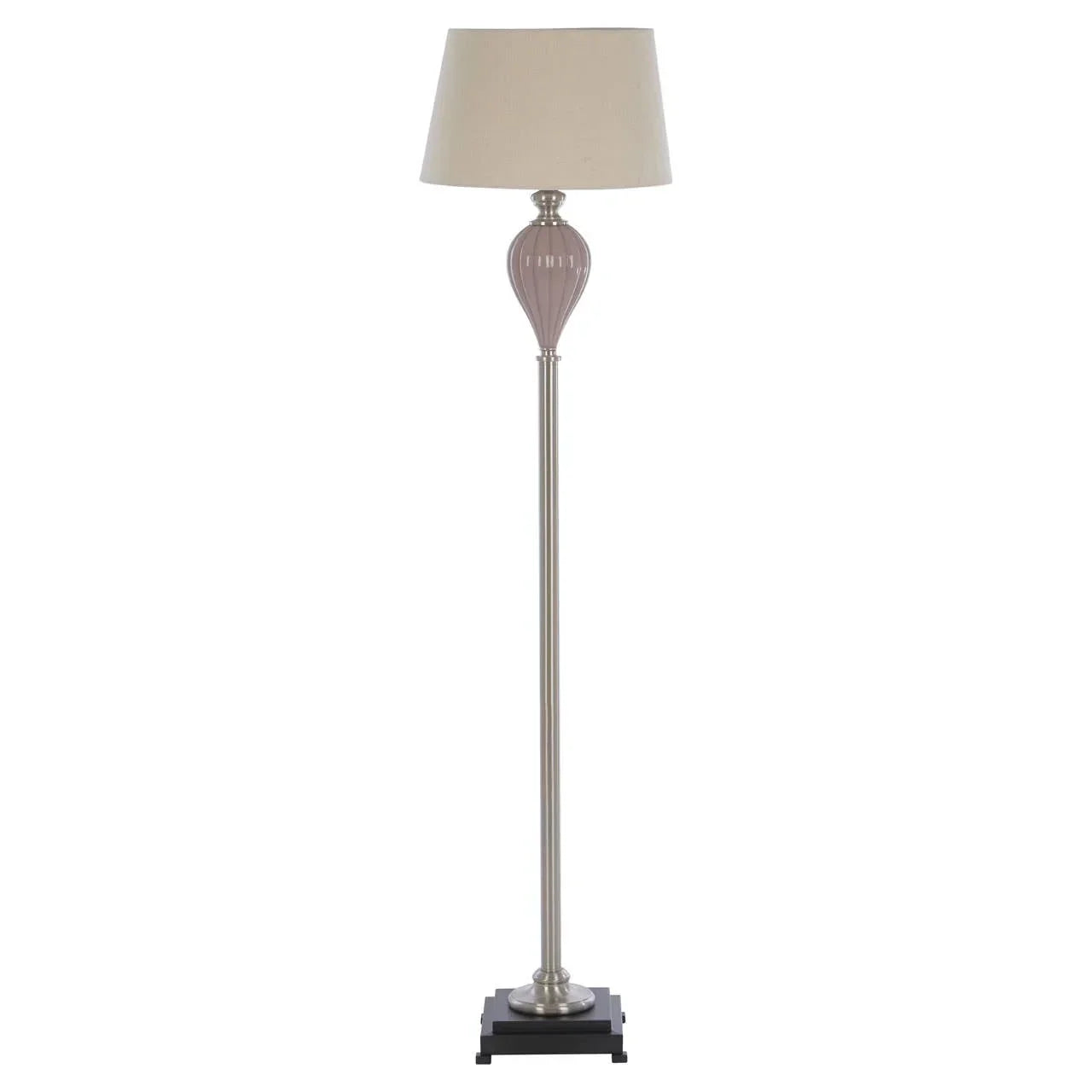 Floor lamp with beige shade, brushed metal stand and decorative glass detail on base
