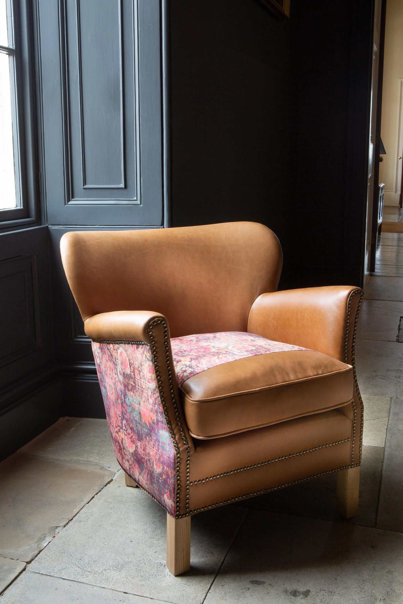 Dean Chair in Tan leather and Printed Coral Velvet Fabric