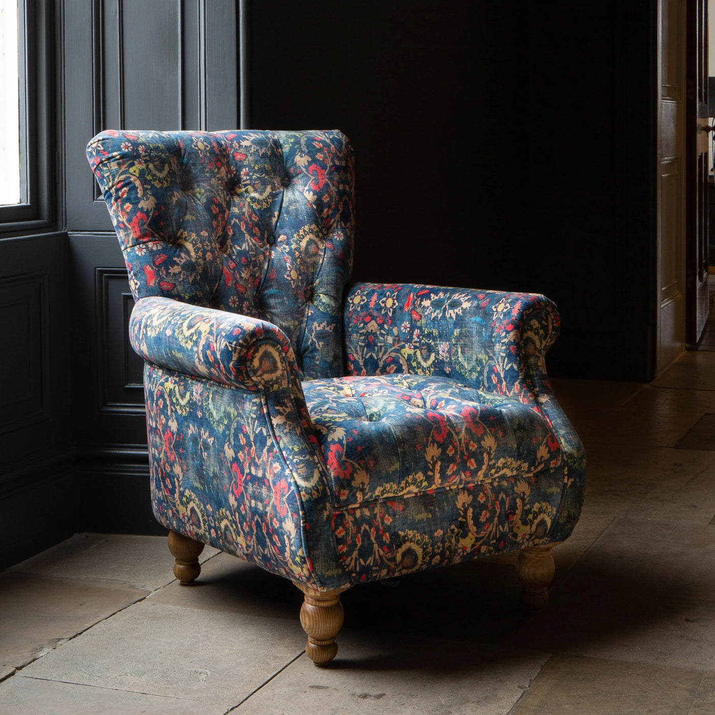 Westminster Armchair in printed Blue Velvet