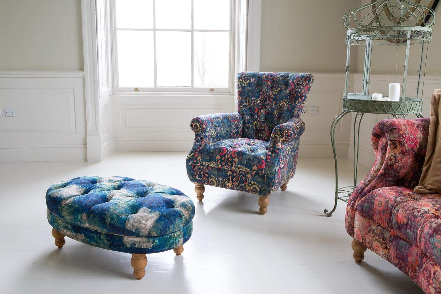 Westminster Armchair in printed Blue Velvet