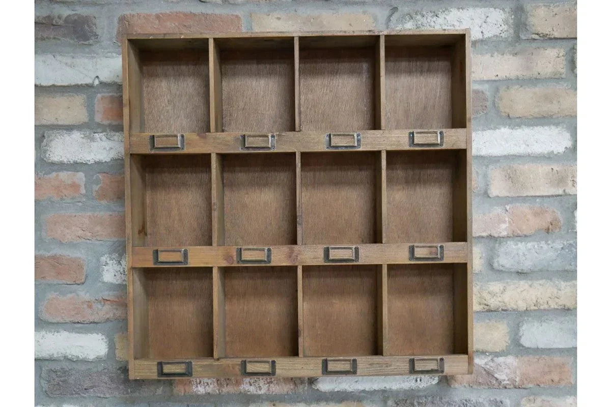Wall mounted wooden shelf unit with twelve compartments and metal label holders