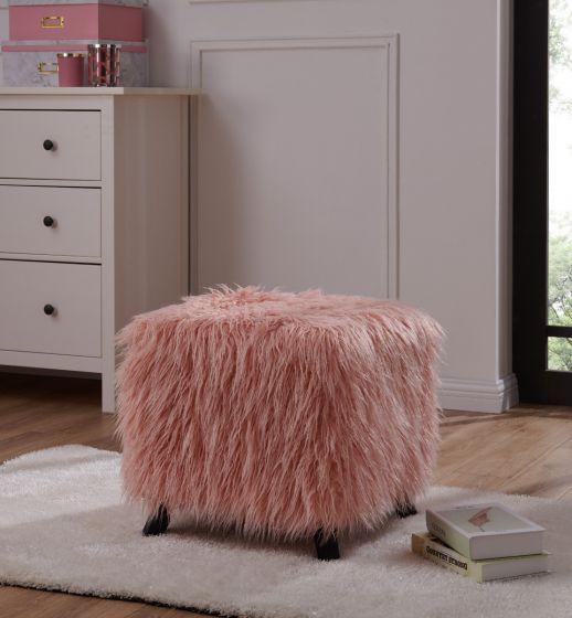 Heavy Shag Faux Sheepskin Cube Stool- Pink