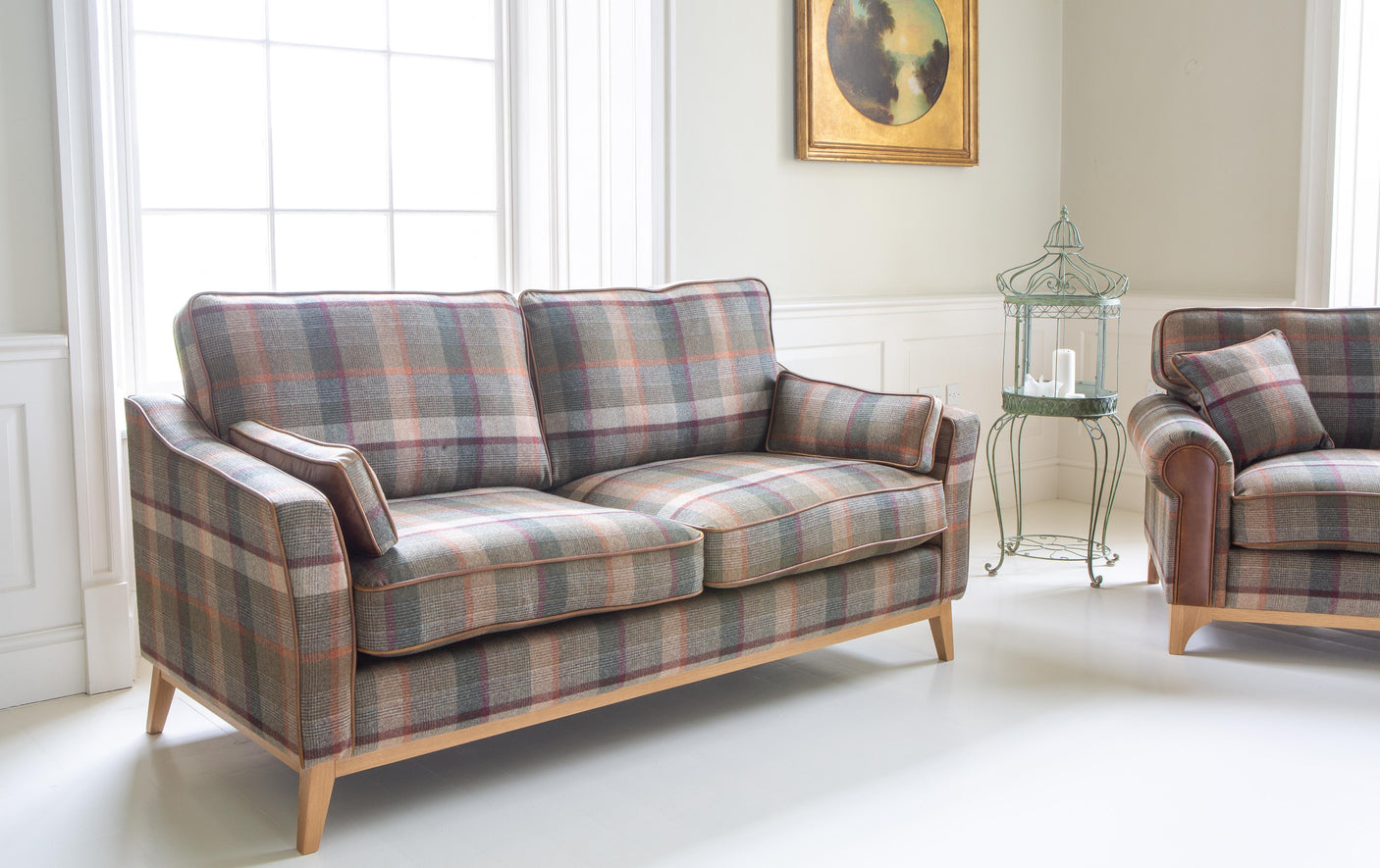 Whitwell 2 seater Sofa in Malham Green Wool & Tan Leather