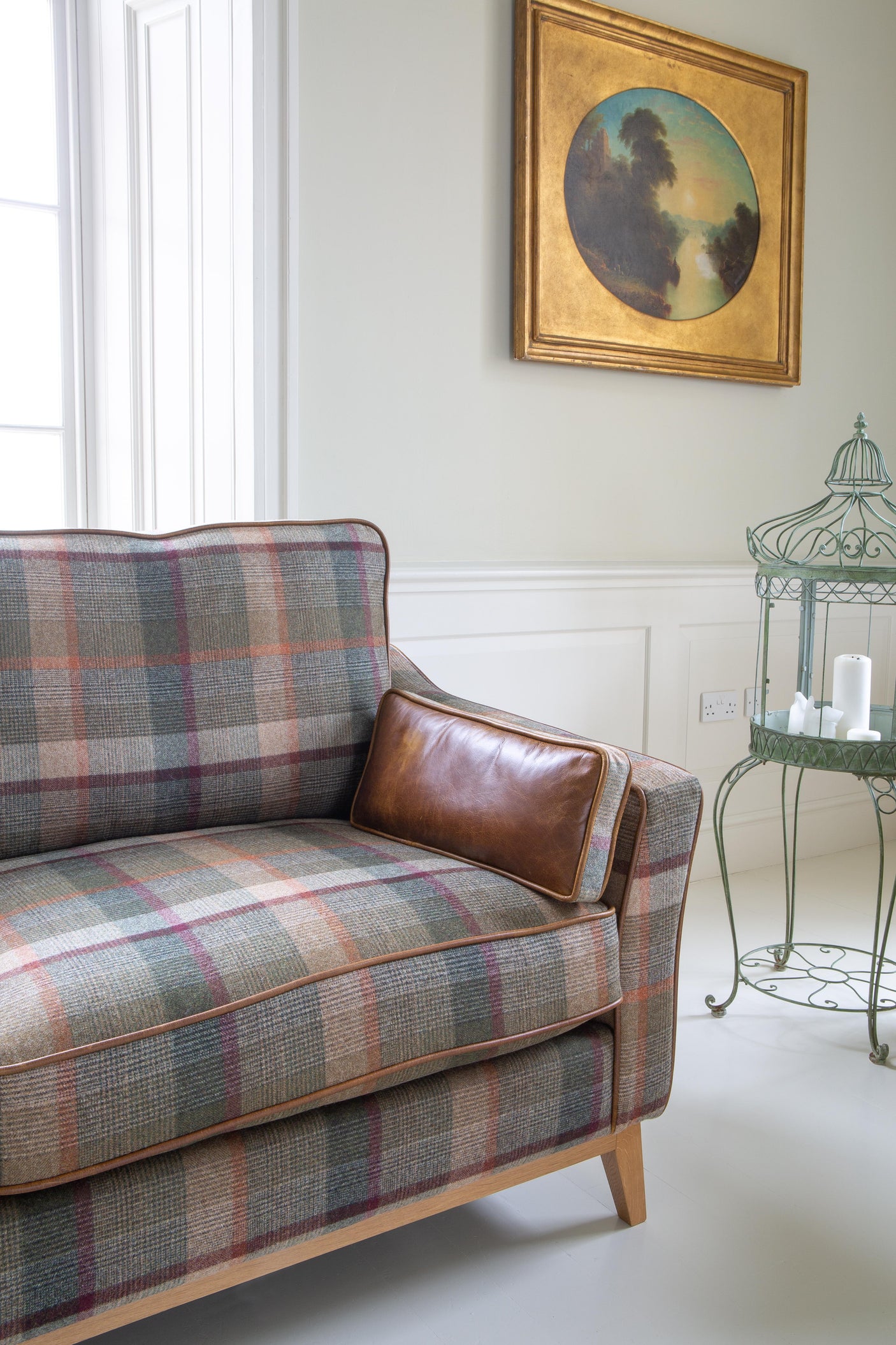 Whitwell 2 seater Sofa in Malham Green Wool & Tan Leather