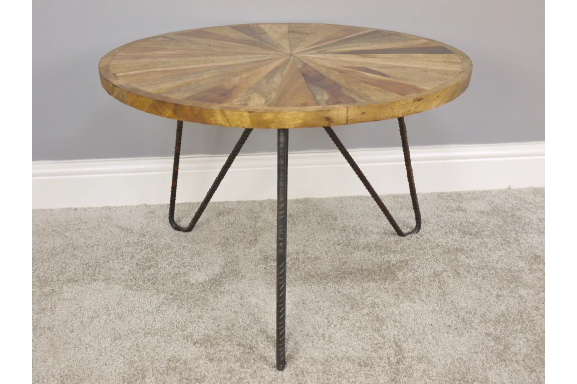 Round wooden coffee table with sunburst pattern top and three metal hairpin legs