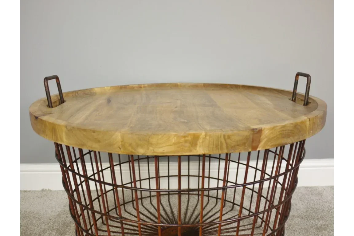 Round metal wire basket coffee table with removable wooden tray top and handles