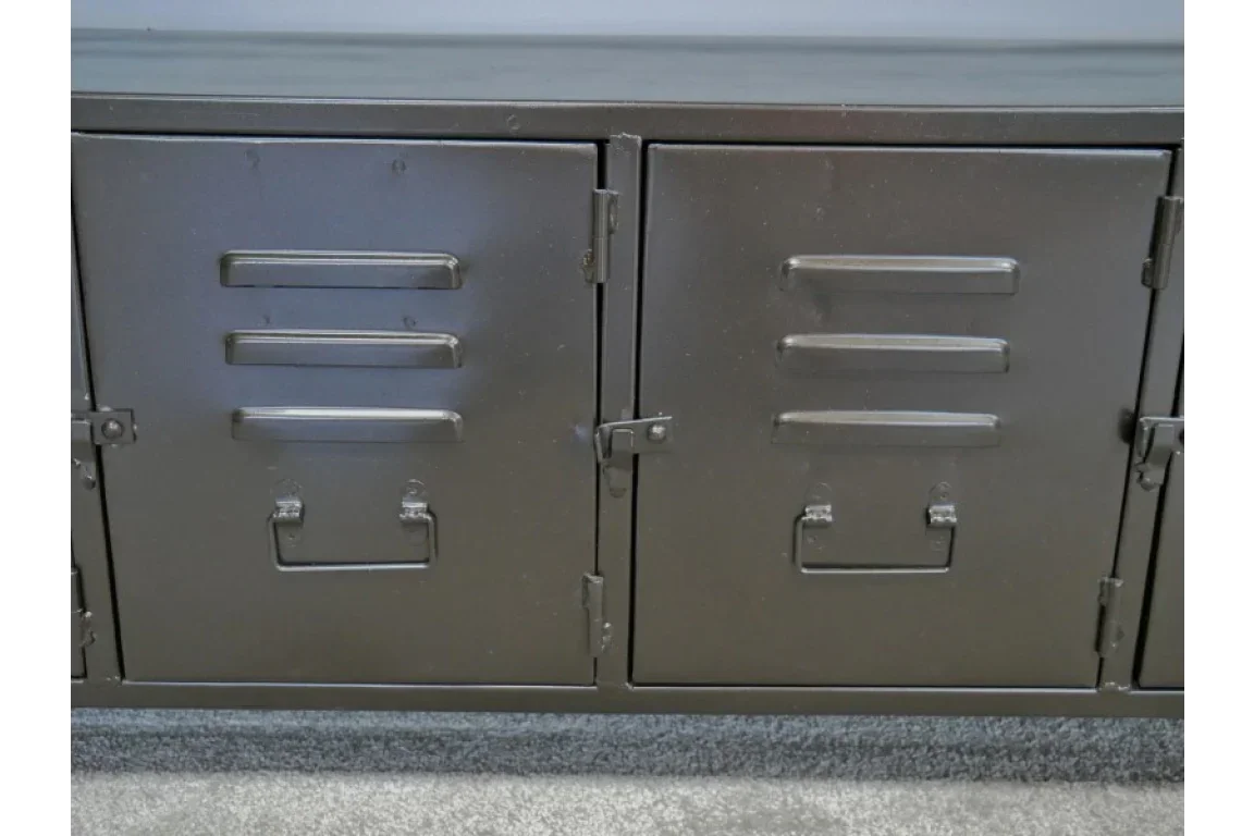 Black metal storage cabinet with two doors and industrial style handles