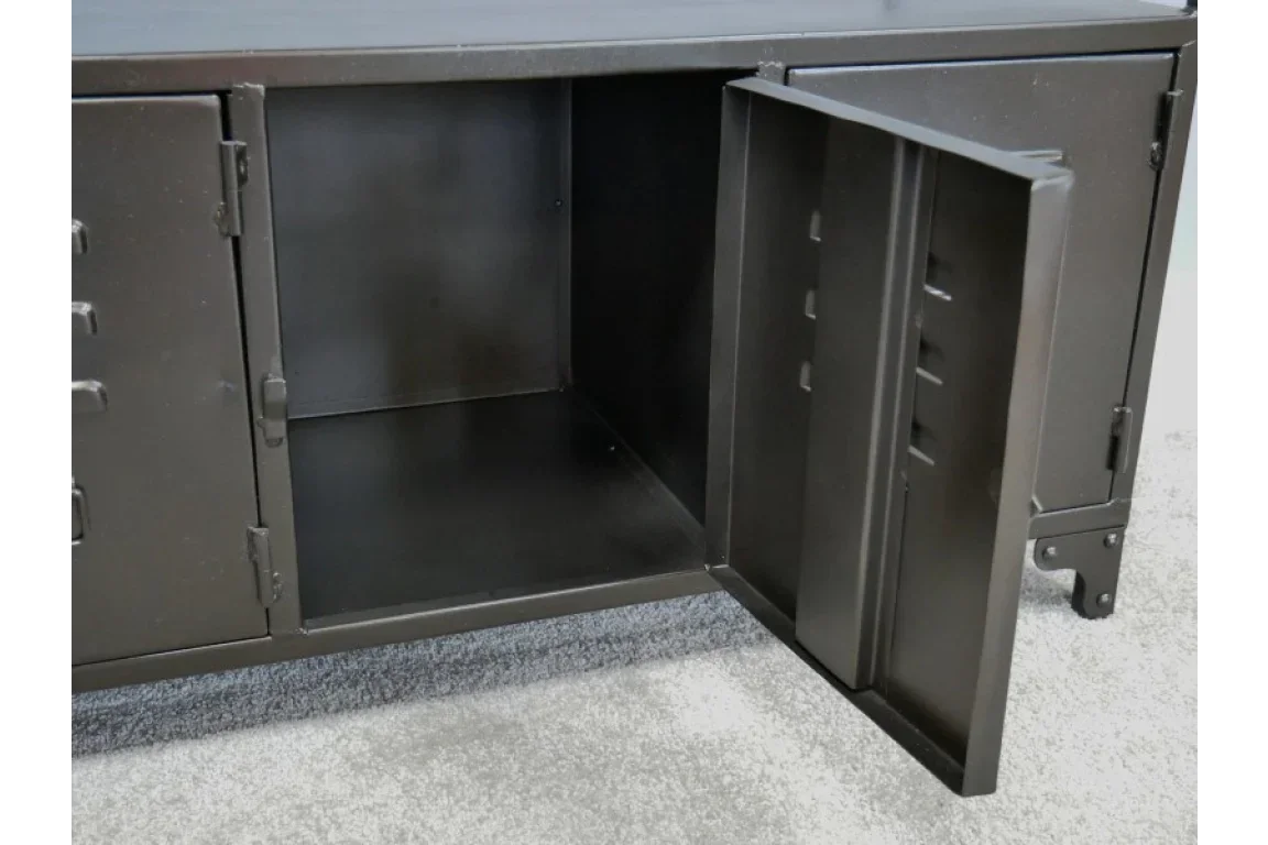 Black metal storage cabinet with open door displaying interior compartment on carpeted floor
