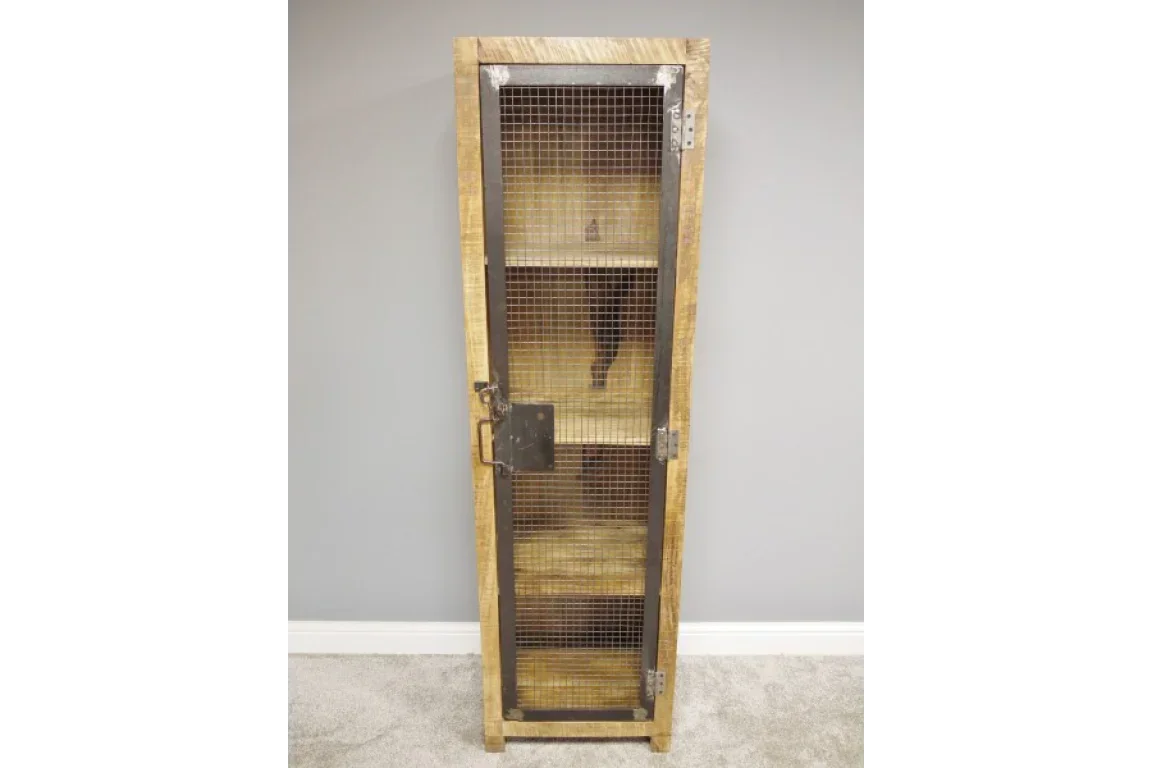 Tall industrial storage cabinet with wooden frame and mesh metal door, three interior shelves