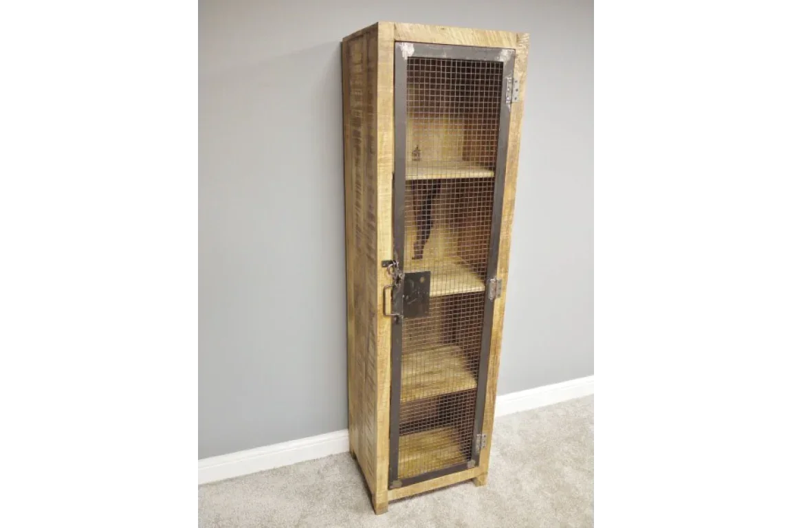 Tall wooden storage cabinet with mesh metal door and four shelves, rustic industrial style