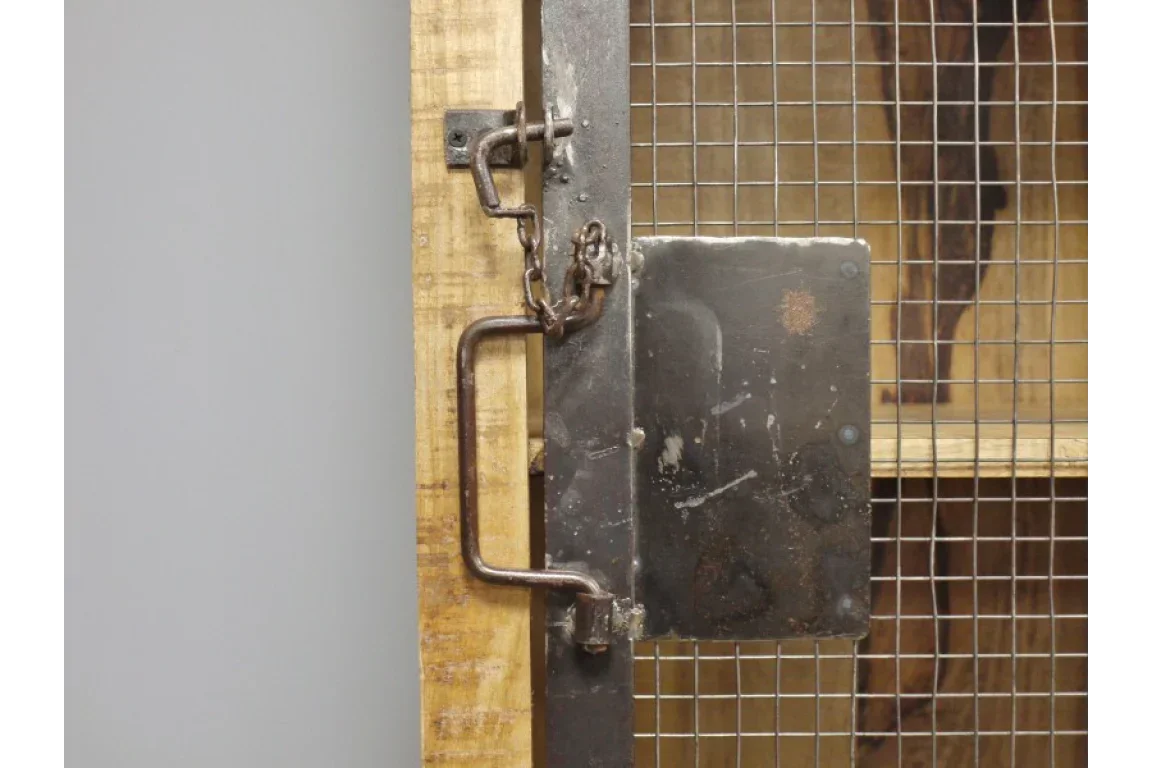 Industrial cabinet door with metal mesh, rustic wood frame, and chain latch detail